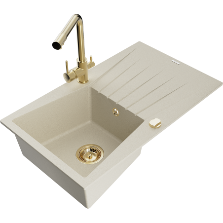 Mexen Cesar 1-compartment granite sink with a drip tray and kitchen mixer tap Duero, Beige - 6514-69-671600-50