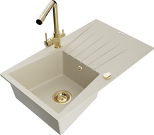 Mexen Cesar 1-compartment granite sink with a drip tray and kitchen mixer tap Duero, Beige - 6514-69-671600-50