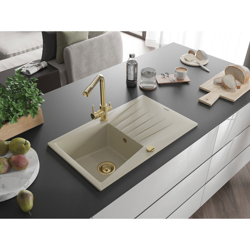 Mexen Cesar 1-bowl granite sink with drainer and Duero kitchen tap, beige - 6514-69-671600-50