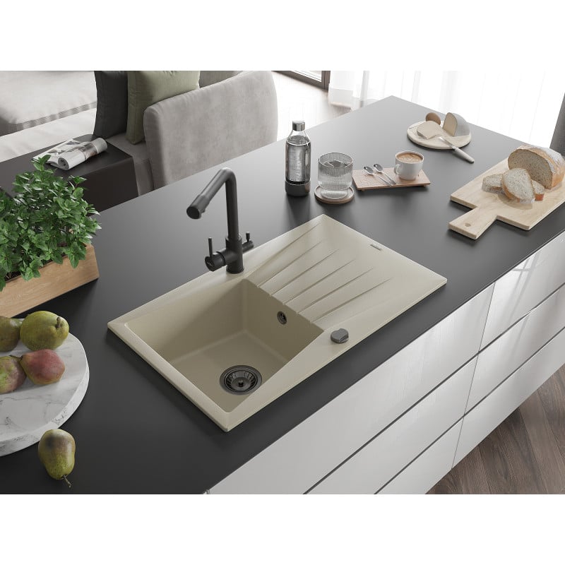 Mexen Cesar 1-bowl granite sink with drainer and Duero kitchen tap, beige - 6514-69-671600-70