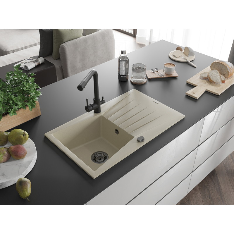 Mexen Cesar granite kitchen sink single-bowl with drainer and Duero kitchen faucet, beige - 6514-69-671600-70