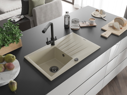 Mexen Cesar 1-compartment granite sink with a drip tray and kitchen mixer tap Duero, Beige - 6514-69-671600-70