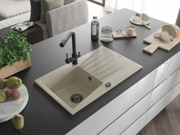 Mexen Cesar granite kitchen sink 1-bowl with drainer and kitchen faucet Duero, beige - 6514-69-671600-70
