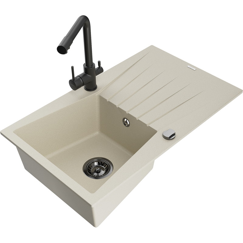 Mexen Cesar granite kitchen sink single-bowl with drainer and Duero kitchen faucet, beige - 6514-69-671600-70