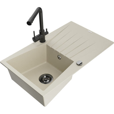 Mexen Cesar 1-bowl granite sink with drainer and Duero kitchen tap, beige - 6514-69-671600-70