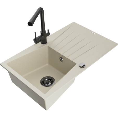 Mexen Cesar granite kitchen sink single-bowl with drainer and Duero kitchen faucet, beige - 6514-69-671600-70