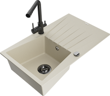 Mexen Cesar 1-compartment granite sink with a drip tray and kitchen mixer tap Duero, Beige - 6514-69-671600-70
