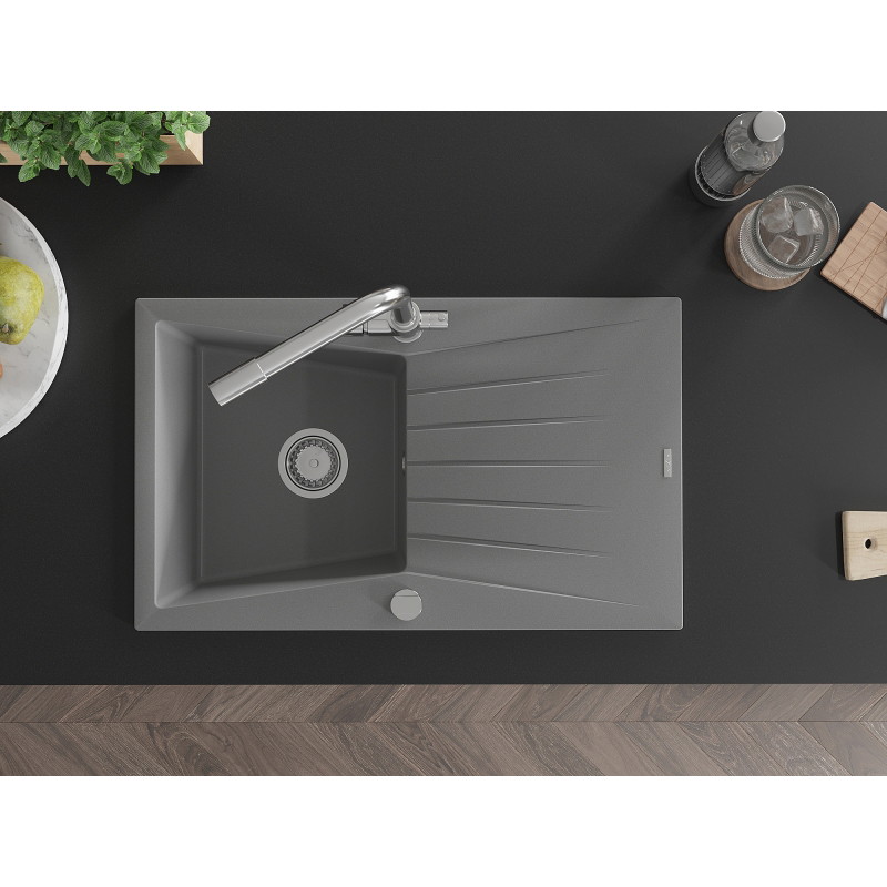 Mexen Cesar granite sink single-bowl with drainer and kitchen faucet Duero, gray - 6514-71-671600-00