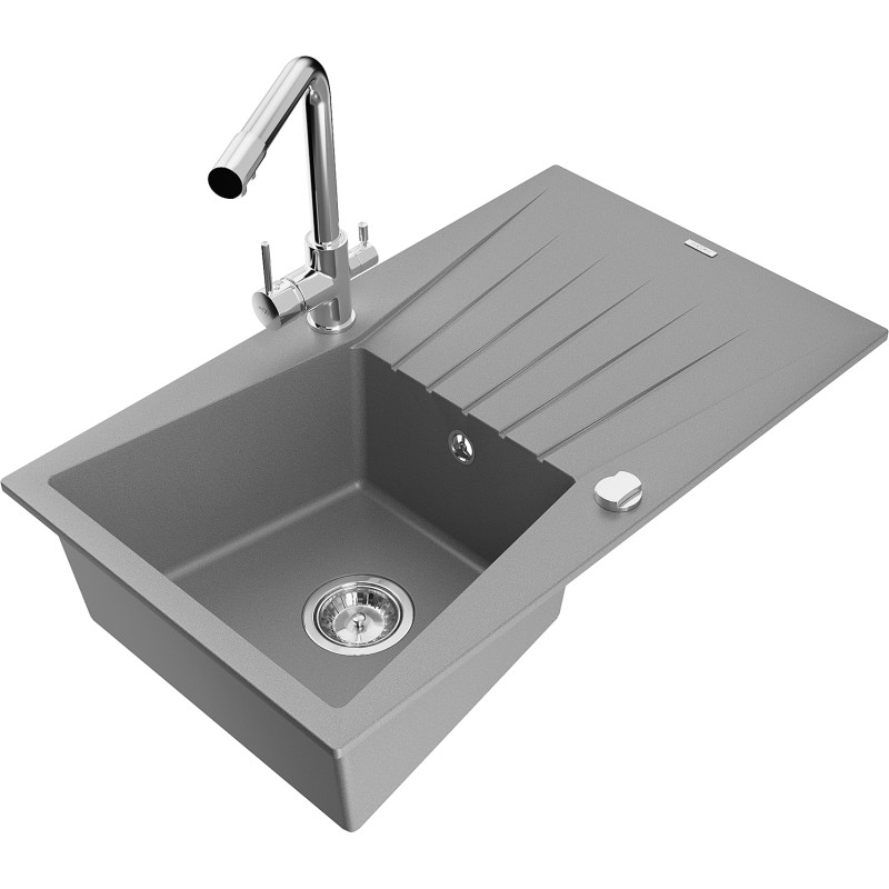 Mexen Cesar granite kitchen sink 1-bowl with drainer and Duero kitchen faucet, gray - 6514-71-671600-00