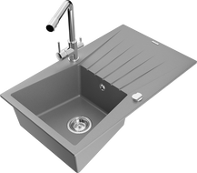 Mexen Cesar granite sink single-bowl with drainer and kitchen faucet Duero, gray - 6514-71-671600-00