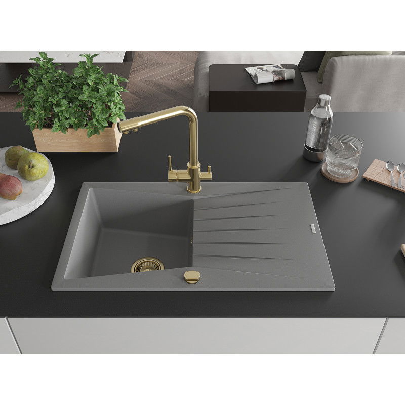 Mexen Cesar 1-bowl granite sink with drainer and Duero kitchen tap, grey - 6514-71-671600-50
