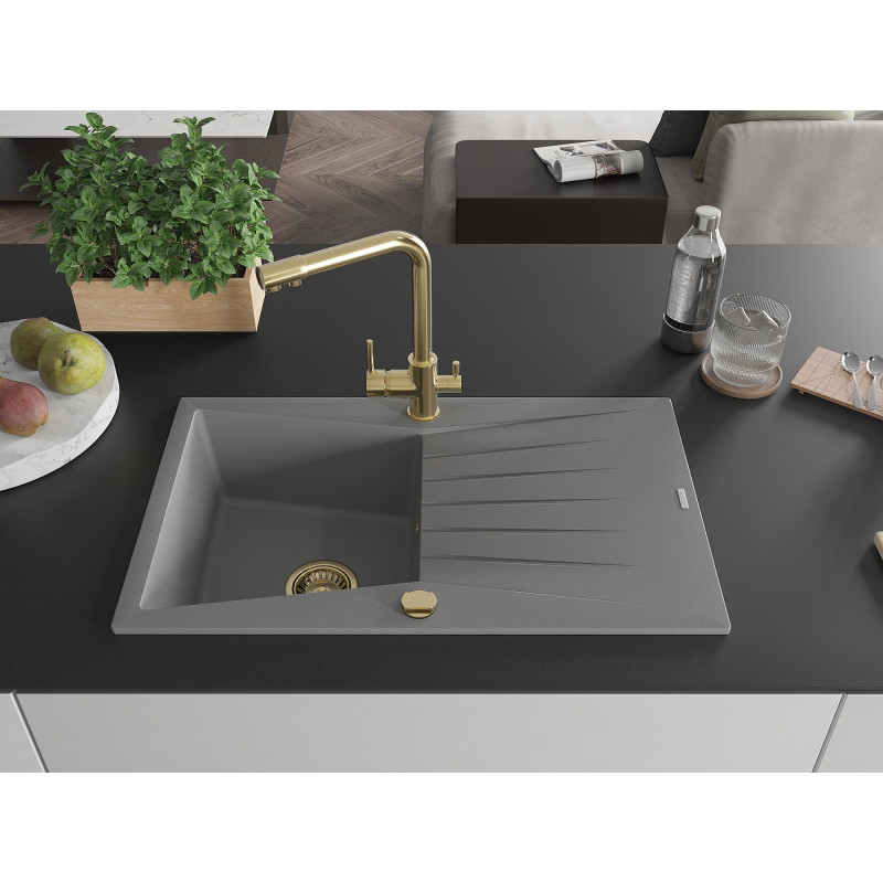 Mexen Cesar granite kitchen sink 1-bowl with drainer and Duero faucet, gray - 6514-71-671600-50