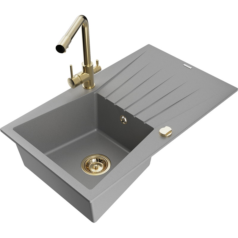 Mexen Cesar granite kitchen sink 1-bowl with drainer and Duero faucet, gray - 6514-71-671600-50
