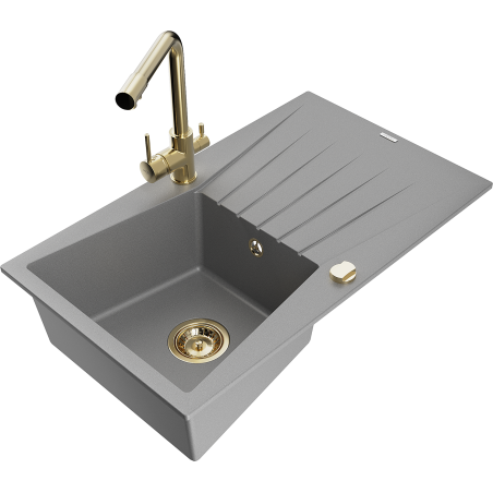 Mexen Cesar 1-compartment granite sink with a drip tray and kitchen mixer tap Duero, Grey - 6514-71-671600-50