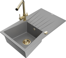 Mexen Cesar 1-bowl granite sink with drainer and Duero kitchen tap, grey - 6514-71-671600-50