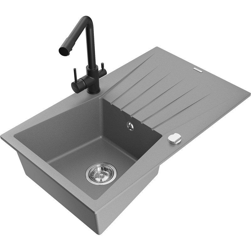 Mexen Cesar single-bowl granite sink with drainer and Duero kitchen faucet, gray - 6514-71-671600-70