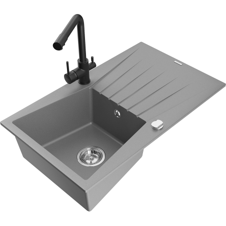 Mexen Cesar single-bowl granite sink with drainer and Duero kitchen faucet, gray - 6514-71-671600-70