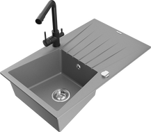 Mexen Cesar 1-bowl granite sink with drainer and Duero kitchen faucet, gray - 6514-71-671600-70