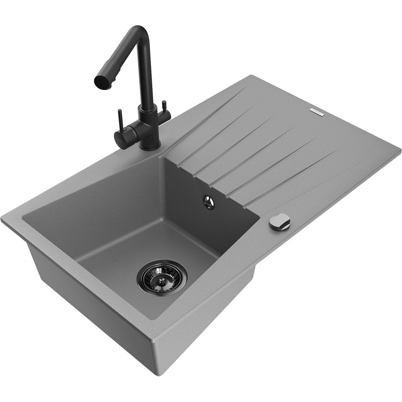 Mexen Cesar 1-Bowl Granite Sink with Drainer and Duero Kitchen Faucet, Gray - 6514-71-671600-70-B