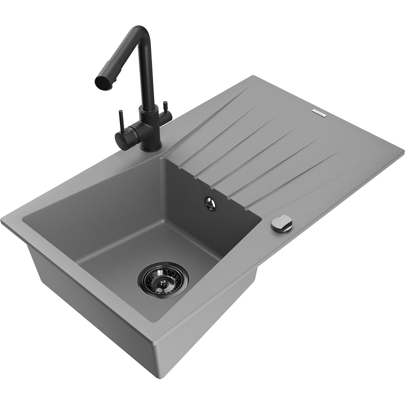 Mexen Cesar 1-compartment granite sink with a drip tray and kitchen mixer tap Duero, Grey - 6514-71-671600-70-B