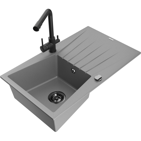Mexen Cesar granite sink 1-bowl with drainer and kitchen faucet Duero, gray - 6514-71-671600-70-B