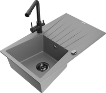 Mexen Cesar 1-Bowl Granite Sink with Drainer and Duero Kitchen Faucet, Gray - 6514-71-671600-70-B
