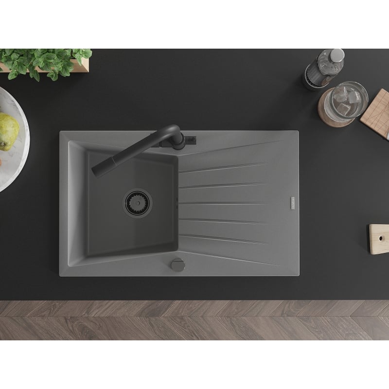 Mexen Cesar 1-Bowl Granite Sink with Drainer and Duero Kitchen Faucet, Gray - 6514-71-671600-70-B