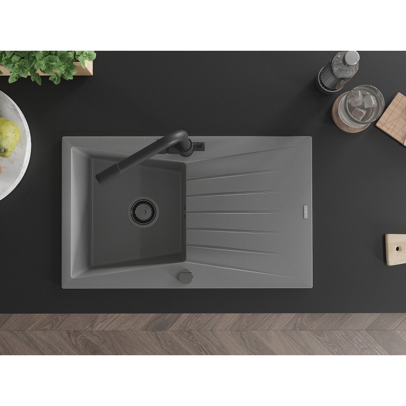 Mexen Cesar granite sink 1-bowl with drainer and kitchen faucet Duero, gray - 6514-71-671600-70-B