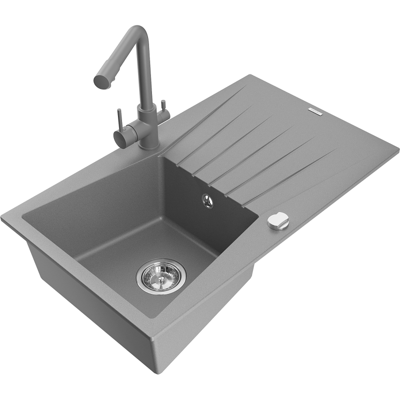 Mexen Cesar Granite Sink 1-Bowl with Drainer and Duero Kitchen Tap, Grey - 6514-71-671600-71