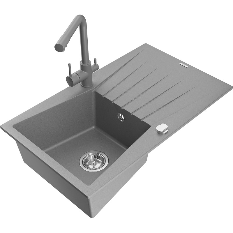 Mexen Cesar single-bowl granite sink with drainer and Duero kitchen faucet, gray - 6514-71-671600-71