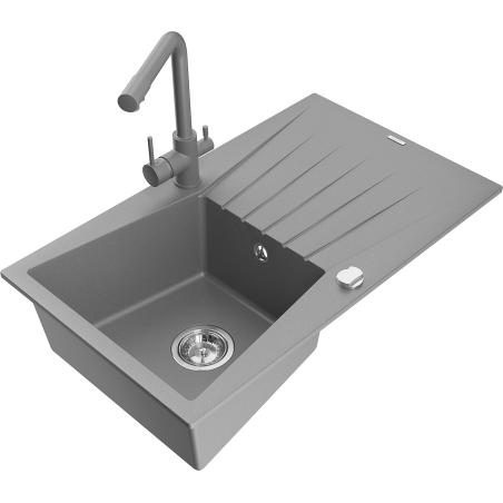 Mexen Cesar 1-compartment granite sink with a drip tray and kitchen mixer tap Duero, Grey - 6514-71-671600-71