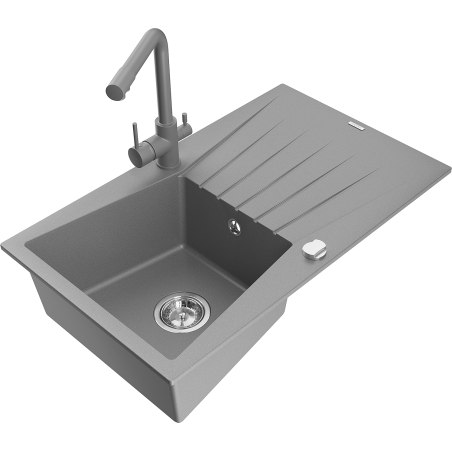 Mexen Cesar Granite Sink 1-Bowl with Drainer and Duero Kitchen Tap, Grey - 6514-71-671600-71