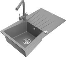 Mexen Cesar Granite Sink 1-Bowl with Drainer and Duero Kitchen Tap, Grey - 6514-71-671600-71