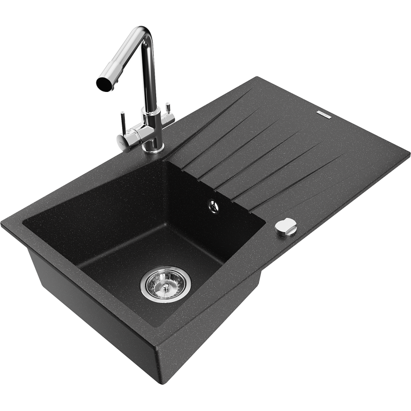 Mexen Cesar 1-compartment granite sink with a drip tray and kitchen mixer tap Duero, Black/Silver metallic - 6514-73-671600-00