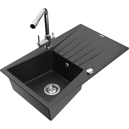 Mexen Cesar 1-bowl granite sink with drainer and Duero kitchen faucet, black/silver metallic - 6514-73-671600-00