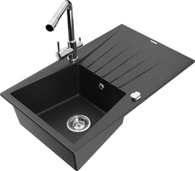 Mexen Cesar 1-bowl granite sink with drainer and Duero kitchen faucet, black/silver metallic - 6514-73-671600-00