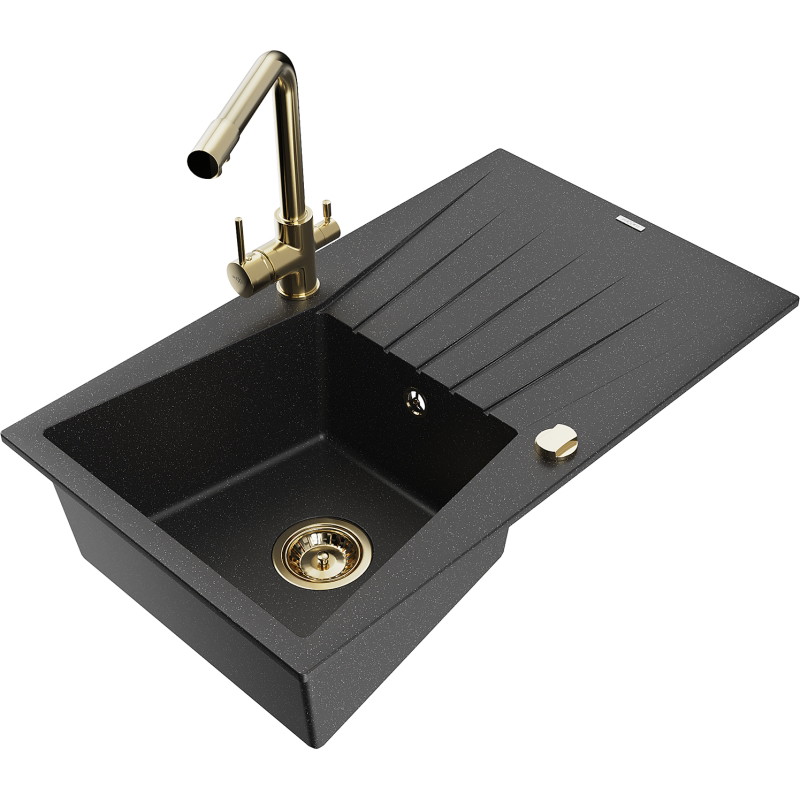 Mexen Cesar 1-bowl granite sink with drainer and kitchen faucet Duero, black/silver metallic - 6514-73-671600-50