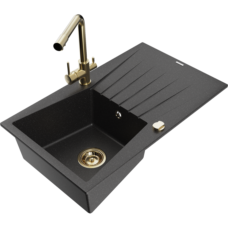 Mexen Cesar granite sink 1-bowl with drainer and Duero kitchen tap, black/silver metallic - 6514-73-671600-50