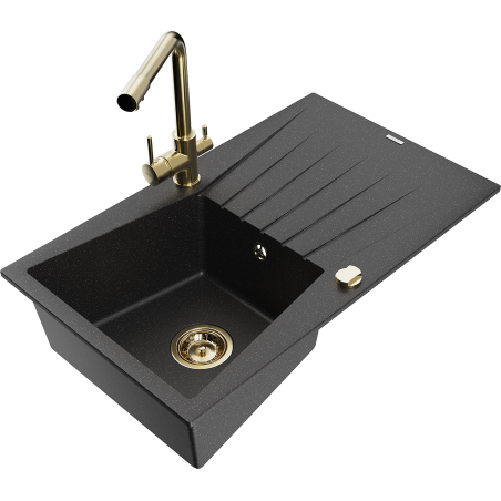 Mexen Cesar 1-compartment granite sink with a drip tray and kitchen mixer tap Duero, Black/Silver metallic - 6514-73-671600-50
