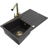 Mexen Cesar granite single-bowl kitchen sink with drainer and Duero faucet, black/silver metallic - 6514-73-671600-50