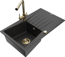 Mexen Cesar granite single-bowl kitchen sink with drainer and Duero faucet, black/silver metallic - 6514-73-671600-50