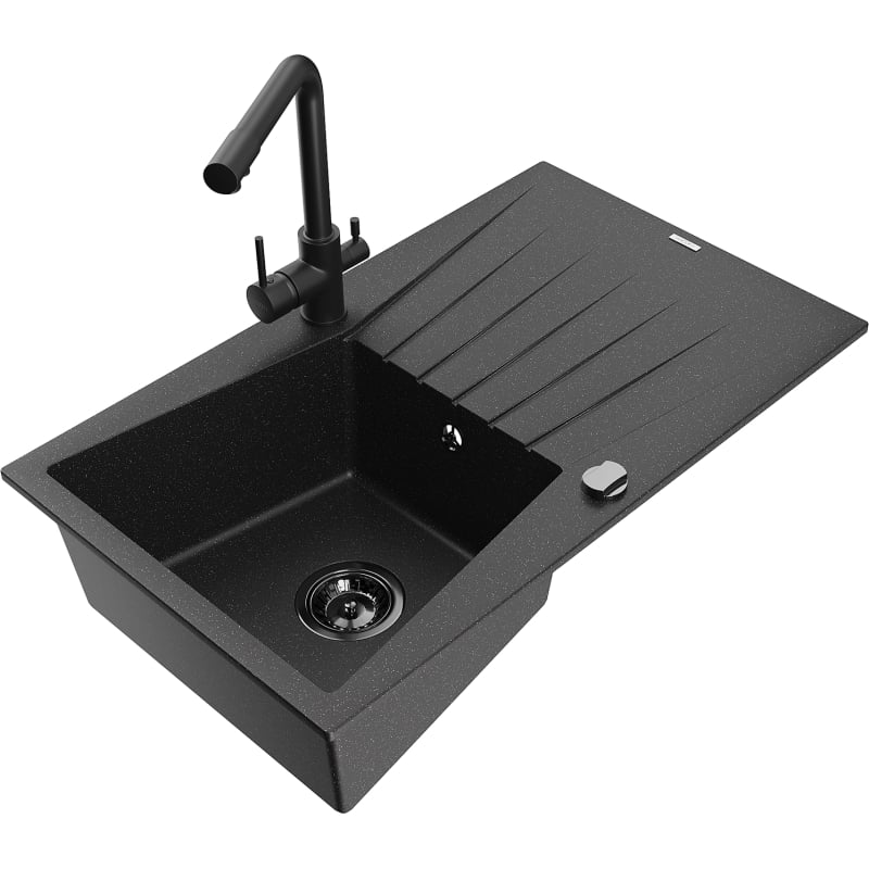 Mexen Cesar granite sink 1-bowl with drainer and Duero kitchen faucet, black/silver metallic - 6514-73-671600-70-B