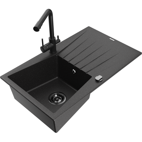 Mexen Cesar granite 1-bowl kitchen sink with drainer and Duero kitchen faucet, black/silver metallic - 6514-73-671600-70-B