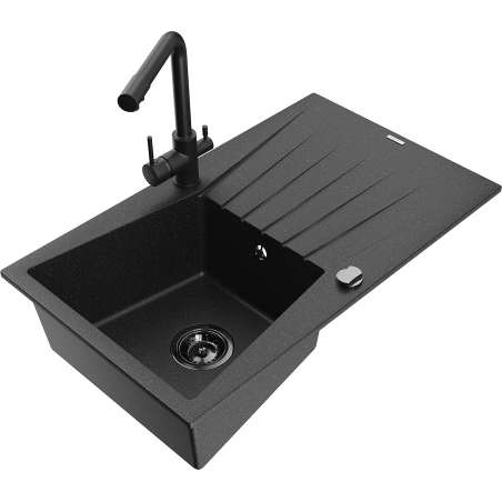 Mexen Cesar granite sink 1-bowl with drainer and Duero kitchen faucet, black/silver metallic - 6514-73-671600-70-B