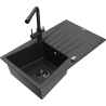 Mexen Cesar granite 1-bowl kitchen sink with drainer and Duero kitchen faucet, black/silver metallic - 6514-73-671600-70-B