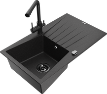 Mexen Cesar granite 1-bowl kitchen sink with drainer and Duero kitchen faucet, black/silver metallic - 6514-73-671600-70-B