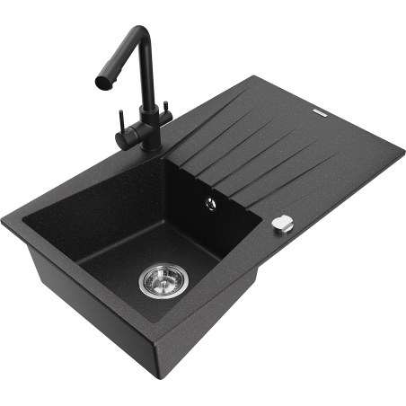 Mexen Cesar 1-compartment granite sink with a drip tray and kitchen mixer tap Duero, Black/Silver metallic - 6514-73-671600-70