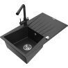 Mexen Cesar granite kitchen sink 1-bowl with drainer and kitchen faucet Duero, black/silver metallic - 6514-73-671600-70