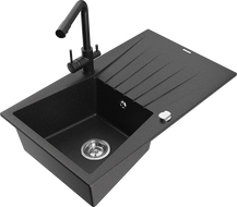 Mexen Cesar granite sink 1-bowl with drainer and Duero kitchen tap, black/silver metallic - 6514-73-671600-70