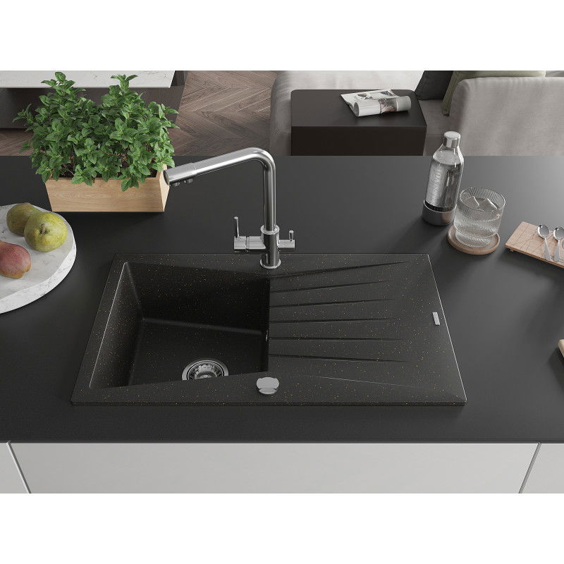 Mexen Cesar granite sink 1-bowl with drainer and Duero kitchen tap, black/gold metallic - 6514-75-671600-00